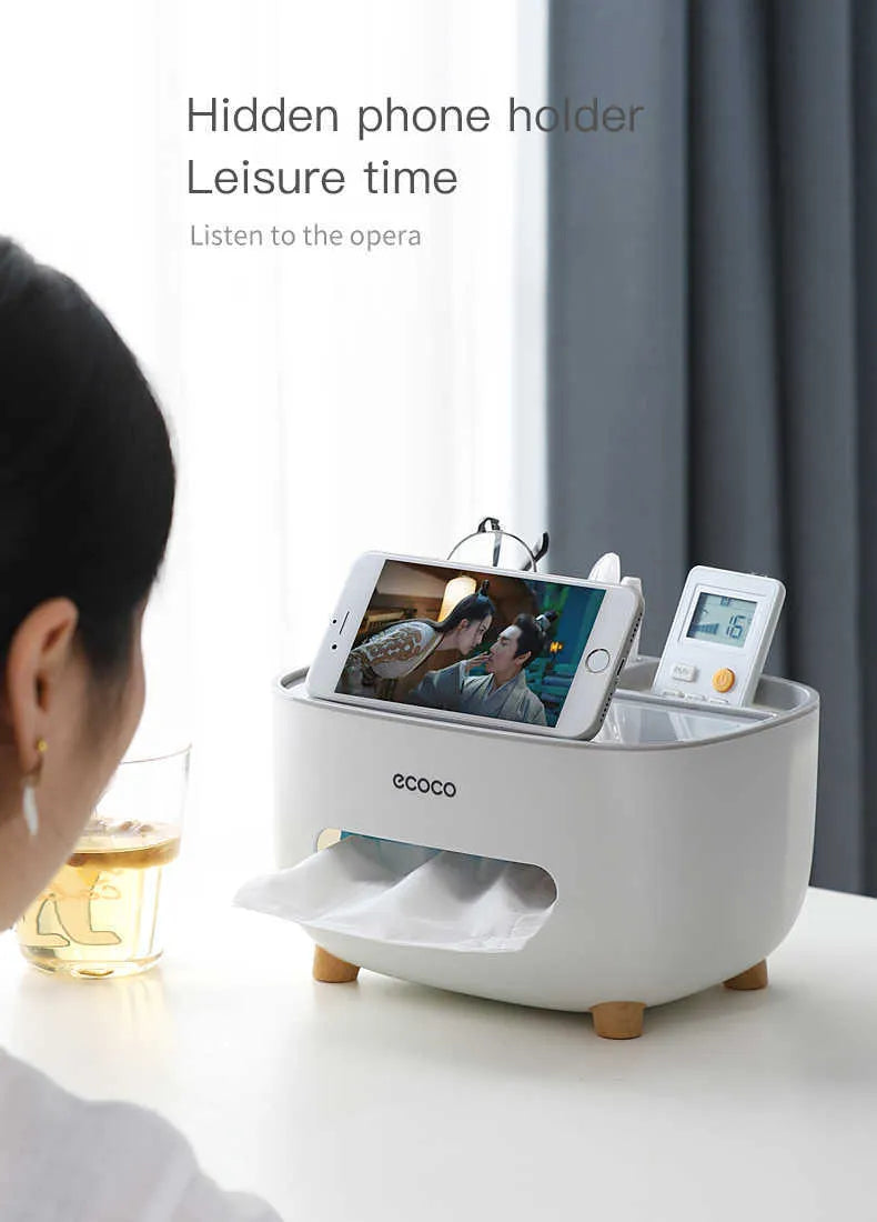 Tissue Box Holder, Desktop Tissue Box With Hidden Mobile Phone Holder, Remote Holder