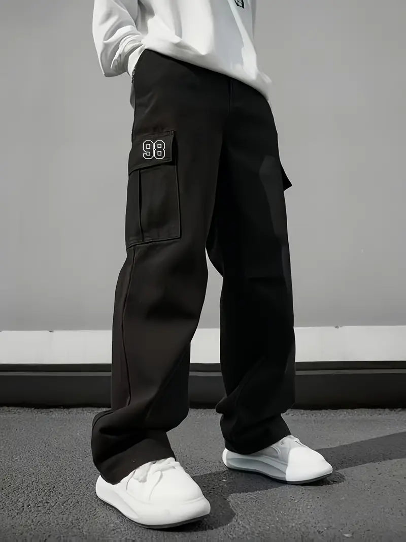 Casual Men's Multi-Pocket Cargo Loose Fit Work Trousers  with Letter 98 Print