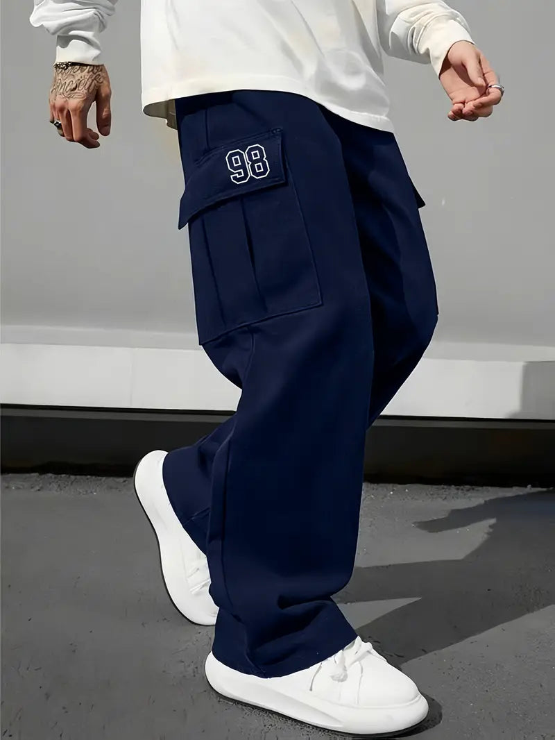 Casual Men's Multi-Pocket Cargo Loose Fit Work Trousers  with Letter 98 Print