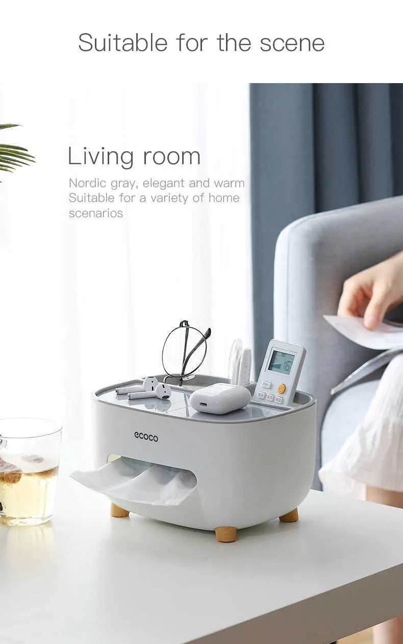 Tissue Box Holder, Desktop Tissue Box With Hidden Mobile Phone Holder, Remote Holder