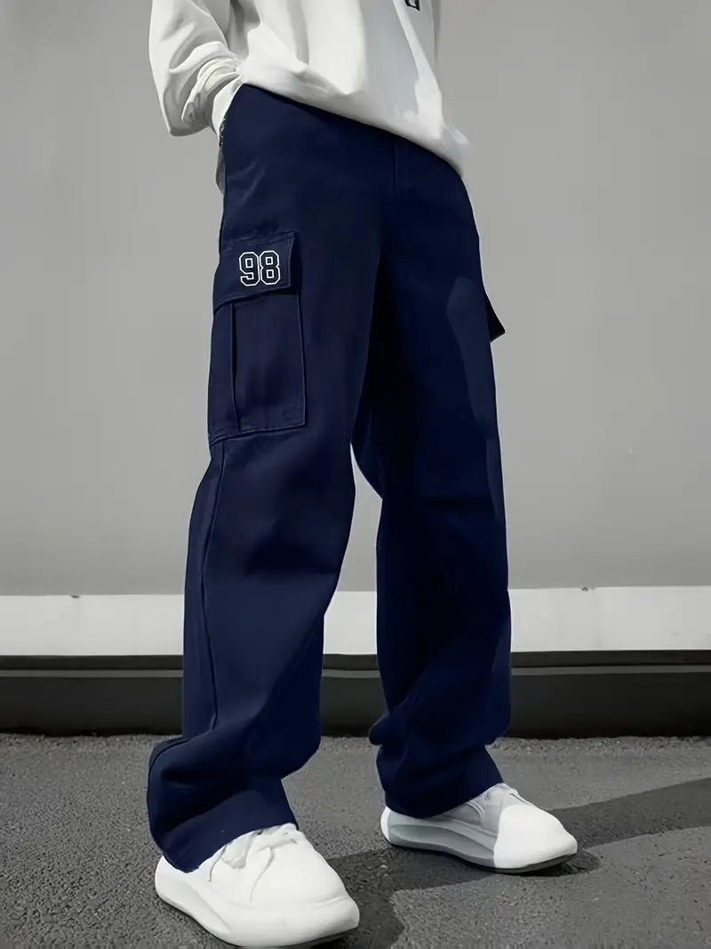 Casual Men's Multi-Pocket Cargo Loose Fit Work Trousers  with Letter 98 Print
