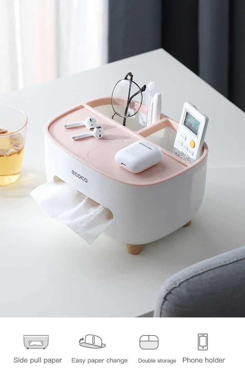Tissue Box Holder, Desktop Tissue Box With Hidden Mobile Phone Holder, Remote Holder