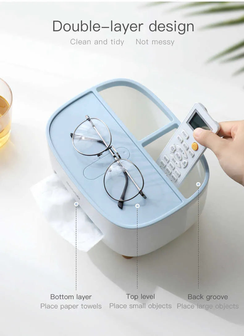 Tissue Box Holder, Desktop Tissue Box With Hidden Mobile Phone Holder, Remote Holder