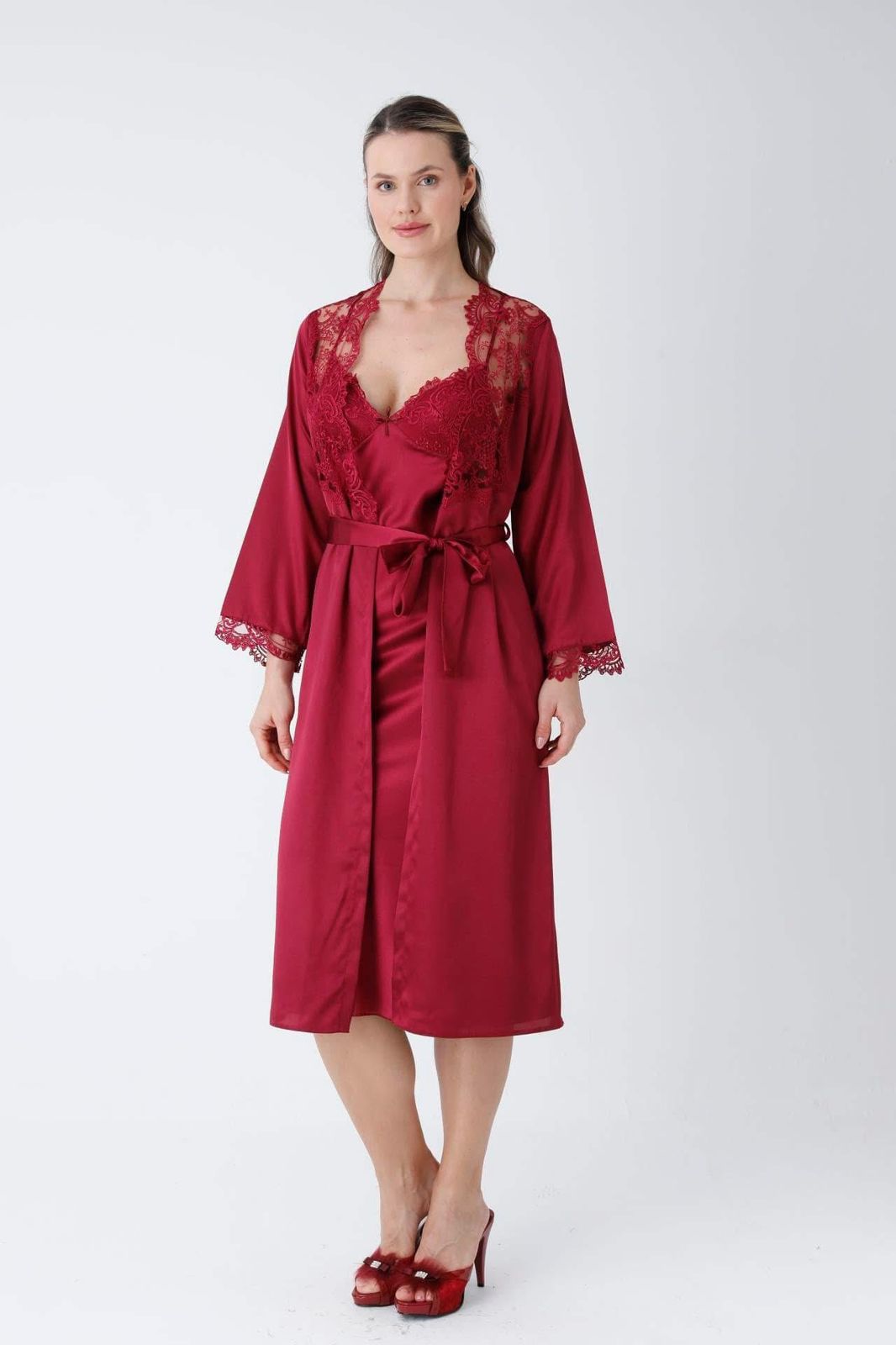 6 PCS LONG SLIT SILK NIGHTY SET